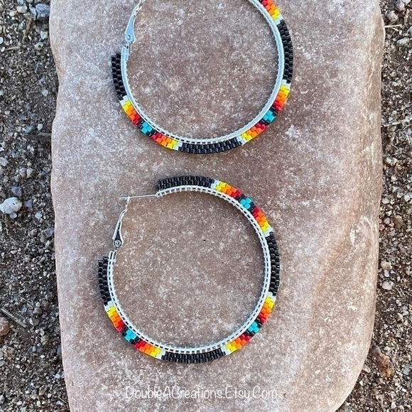 Black with Native Colors 2” Beaded Hoops, New, Handmade by Me - Picture 4 of 7